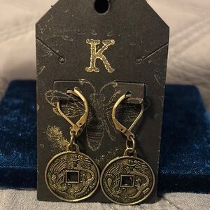 KB Brass Gold Coin Drop Earrings Chinese dragon coin reversible 2 sided coin